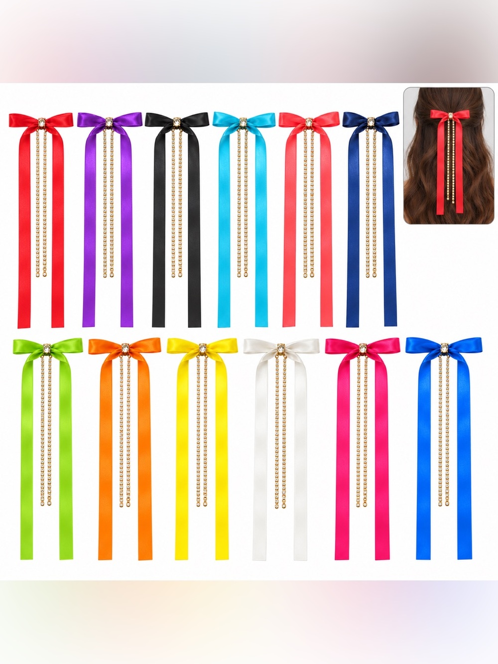 12 long Ribbon Bow Hair Clip Gold Chain Tassels red blue pink purple cute gift